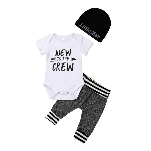 Newborn Baby Boy Clothes New to The Crew Letter Print Romper+Long Pants+Hat 3PCS Outfits Set